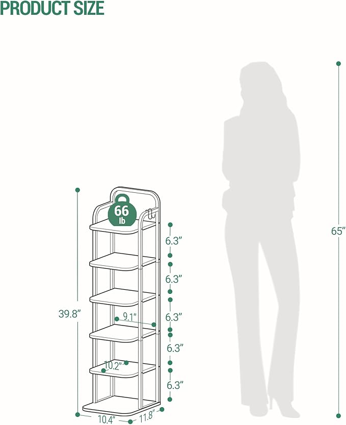 6 Tiers Vertical Shoe Rack, Narrow Shoe Tower, Tall Shoes Shelf with 2 Hooks, Adjustable Shelves, Corner Shoes Shelves for Small Spaces, Entryway, Living Room, White SR04213W-NeatNest