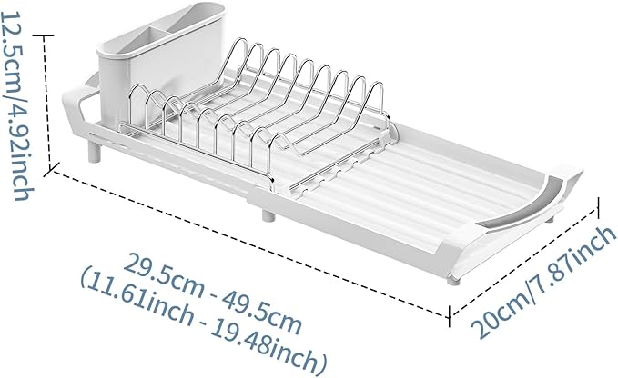 Expandable Dish Drying Rack for Sink or Countertop – Compact Stainless Steel Dish Drainer with Removable Utensil Holder, Rustproof Plate Rack for Small Kitchen Spaces, White