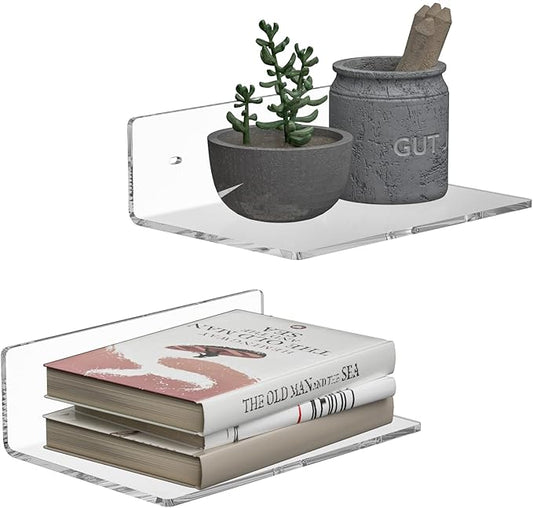 9 Inches Acrylic Wall Shelves 2 Pack, Floating Shelf for Wall Mounting, Acrylic Display Ledges for Funko Pop Figures, Home Décor, Living Room, Gaming Room, Plants(9 inch, Clear)-NeatNest