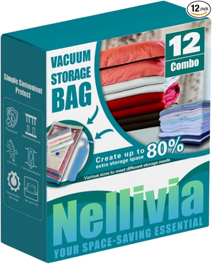 12 Pack Vacuum Storage Bags with Hand Pump, Compression Space Saver for Comforter, Bedding, Blanket Storage, Vacuum Seal Bags for Clothing, Luggage Suitcase and Closet Organizer-NeatNest