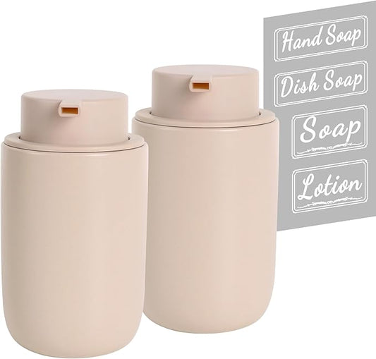 BosilunLife Foaming Soap Dispenser Set - Khaki Ceramic Foam Hand Dispenser 12oz Soap Dispenser Set with Rust Proof Pump, 4Pcs Clear Stickers for Kitchen, Bathroom - 2 Pack-NeatNest
