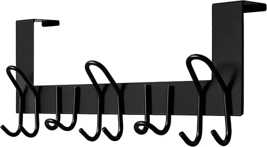 SKOLOO Over The Door Hooks - for Doors up to 1-3/4'' Thickness, Pack of 2, Metal Door Hanger with 11 Hooks, Over The Door Hanger for Coats, Hats, Towels, Black