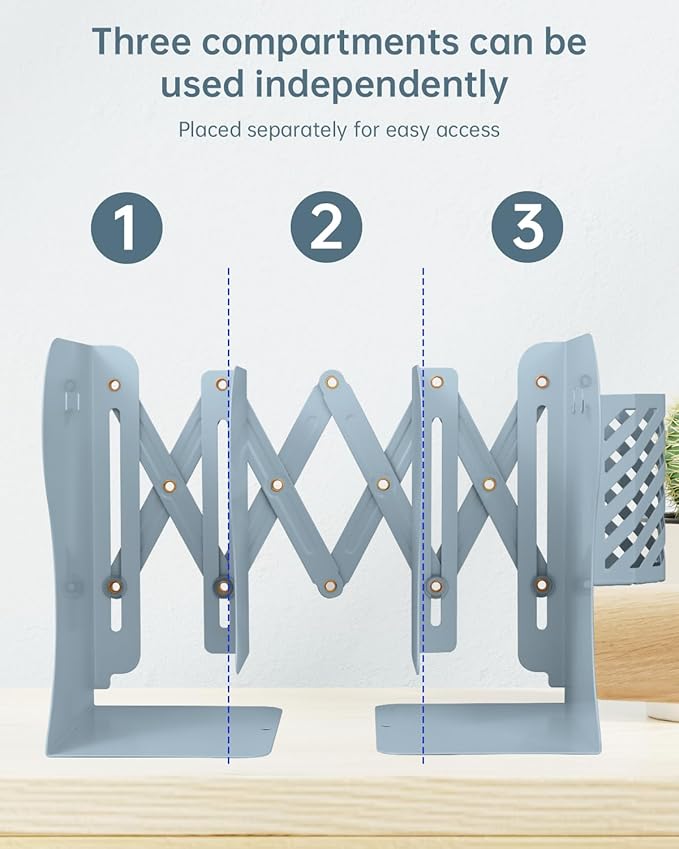 Honagu Adjustable Bookends, Metal Book Ends for Shelves Heavy Book, Desk Magazine File Organizer for Home, Office, Books, Papers, Extends up to 19 inches with Pen Holder (Light Blue)
