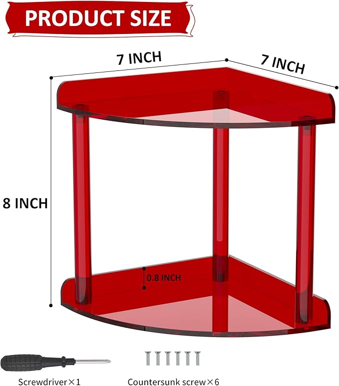 2 Tier Countertop Corner Organizer Shelf 7x7x8 Inch, Red Acrylic Bathroom Corner Shelf for Countertop, Vanity Storage for Skincare, Cosmetics, Perfume-NeatNest