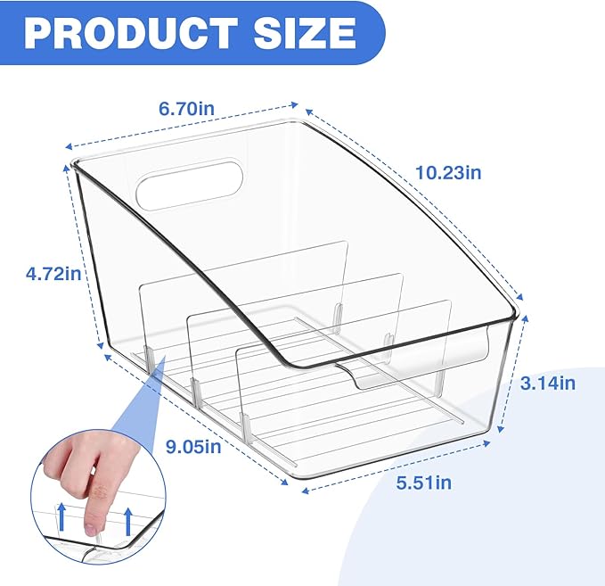2 Pack Clear Pantry Organizer Storage Bins Removable Snack Organizer Plastic Cabinet Organizers Racks with 3 Dividers, Refrigerator Bins, Kitchen Organization Kitchen Storage-NeatNest