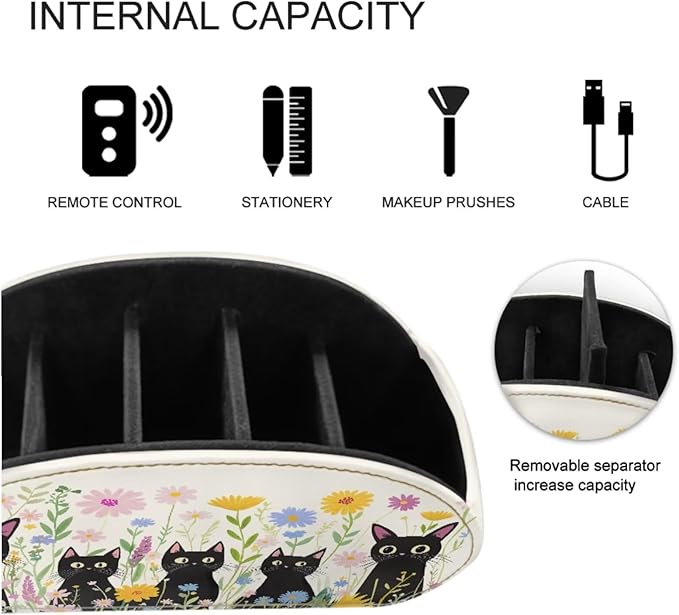 Cartoon Black Cat Floral Print Remote Control Holder with 5 Compartments, Office Desk Organizers - TV Stand Decor/Bedside Table Accessory Remote Caddy, Storage for Jewelry/Glasses-NeatNest