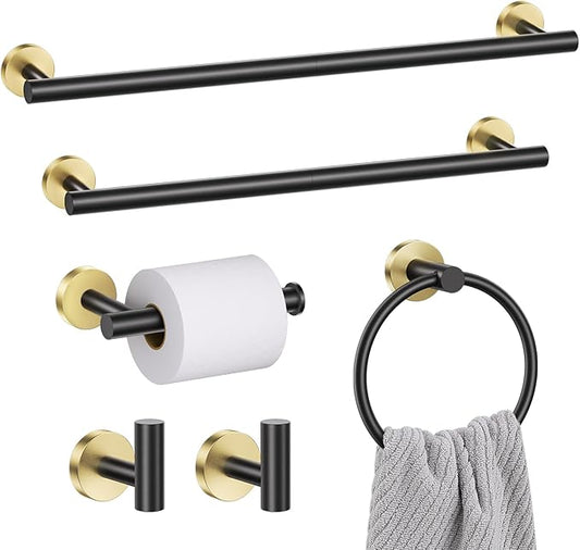 Black and Gold Towel Bar Set 6 Pieces Bathroom Hardware Accessories Set Include 19.68/23.6 in Towel Bar Towel Ring Towel Hook and Toilet Paper Holder Stainless Steel Wall Mounted-NeatNest