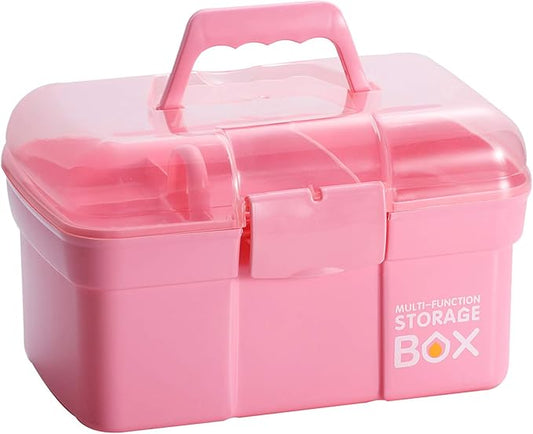 11'' Plastic Storage Box with Removable Tray, Multipurpose Organizer and Storage Case for Art Craft and Cosmetic (Pink)
