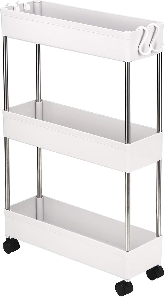 3-Tire Slim Storage Cart with 4 Hooks, Multi-Functional Narrow Rolling Kitchen Shelving Unit for Kitchen, Bathroom, Laundry Room, Office, White