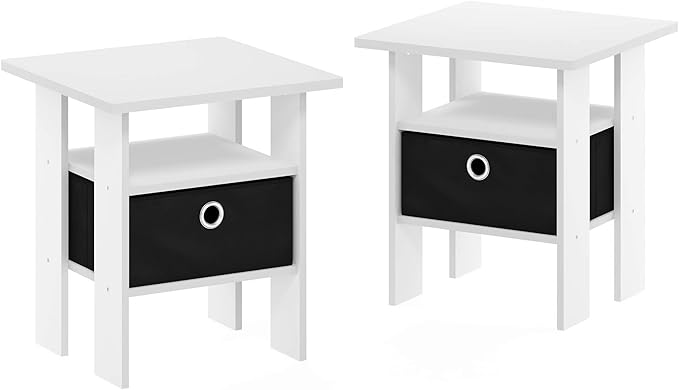 Furinno Andrey Set of 2 End Side Night Stand/Bedside Table with Bin Drawer, 2-Pack, White/Black