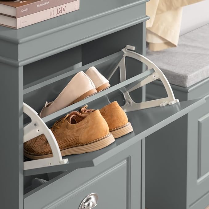 SoBuy Small Shoe Cabinet, Slim Shoe Rack 2 Flip-Drawers, Thin Shoe Storage Cupboard Organizer Unit for Entryway and Hallway, Grey FSR78-HG-NeatNest