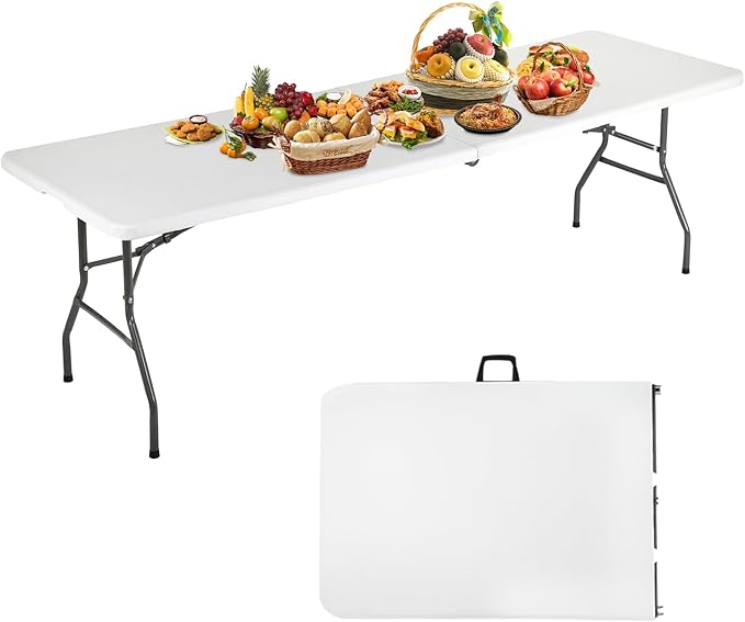 8FT Folding Table Plastic Camping Table Portable Picnic Table for Easy Storage, Ideal for Outdoors Camping, Picnics, Parties Wedding & Indoor Events with Carrying Handle,White-NeatNest