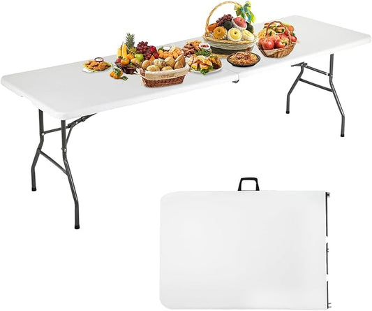 8FT Folding Table Plastic Camping Table Portable Picnic Table for Easy Storage, Ideal for Outdoors Camping, Picnics, Parties Wedding & Indoor Events with Carrying Handle,White-NeatNest