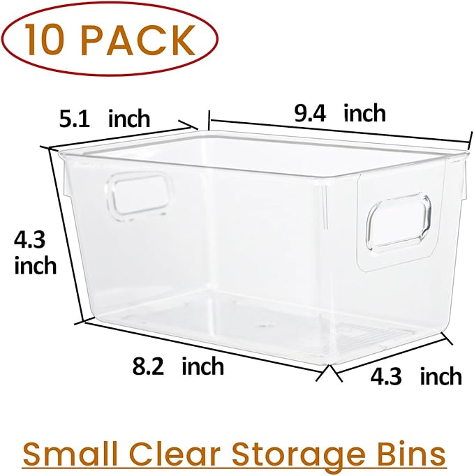 10 PACK Clear Storage Bins Clear Storage Containers for Kitchen Pantry Organization, Organizing Bins with Built in Handles, Cabinet Organizers