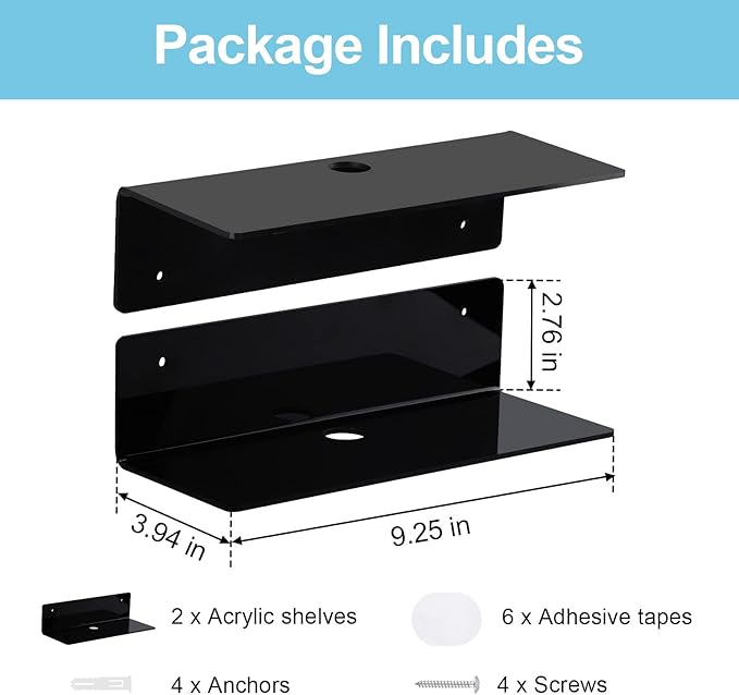 9 Inch Acrylic Floating Shelf No Drill Adhesive Wall Shelf Set of 2 for Funko Pop Storage, Floating Shelves Damage-Free Expand Wall Space for Living Room, Bathroom, Gaming Room, Office - Black