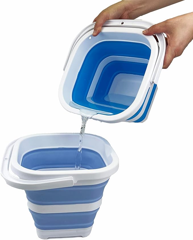 SAMMART Collapsible Rectangular Cleaning Bucket 5L (1.3 Gallon)- Foldable Camping Beach Sand Water Pot Pail- Portable Space Saving Tub for Household, Outdoor Car Washing (Grey + Baby Blue (Set of 2))-NeatNest