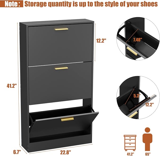JOZZBY Shoe Cabinet, Black Shoe Cabinet with 3 Flip Drawer, Hidden Shoe Storage Freestanding Shoe Rack Cabinet for Entryway, Hallway, Living Room-NeatNest