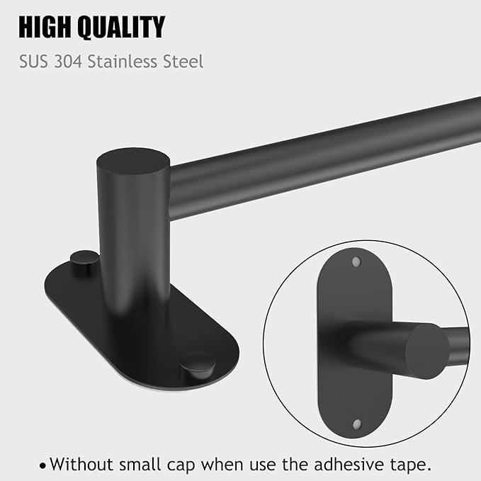 Towel Bar, Adjustable 14.4inch - 25.2inch Towel Rack, Self Adhesive & Wall Mounted for Bathroom Kitchen Hand Towel Holder Cloths Hanger SUS 304 Stainless Steel Organizer Single Bar Matte Black