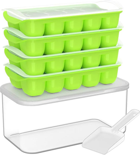DOQAUS Ice Cube Tray with Lid and Bin, 4 Pack Easy Pop Out Silicone Ices Cubes Trays for Freezer with Cover, Stackable Compact Ice Bucket Kits, for Soup, Food, Cocktail, Coffee-NeatNest