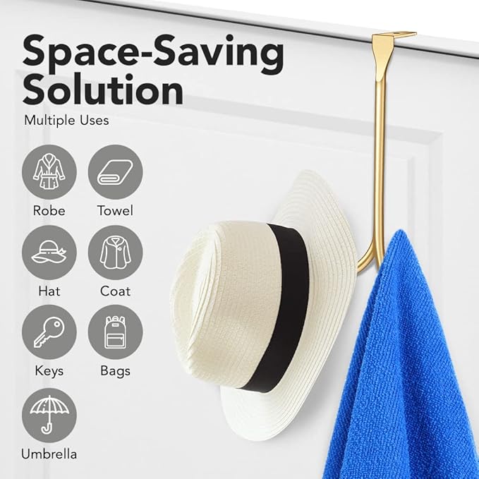 2-Pack Over The Door Hooks - with 2 Hang Heads & Snug Fit Pads Heavy Duty Hook for Hanging Coats, Towels, Caps & Robes - Elegant Matt Finish - No Drill Hanger Organizer - Gold