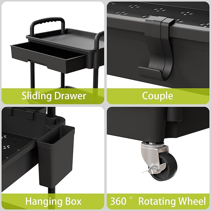 3 Tier Rolling Cart Organizer,Laundry Room Bathroom Organizers and Storage Office Shelves Mobile Shelving Unit Kitchen Trolley Cart with Wheels for Art,Craft,Diaper,Bedside,Snack(Black)-NeatNest