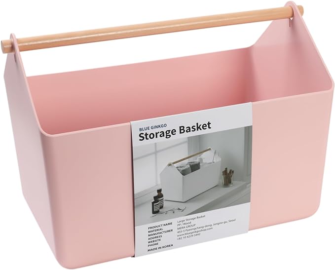 BLUE GINKGO Large Storage Basket – Plastic Caddy with Wooden Handle for Bathroom, Pantry, or Cleaning Supplies (Pink)-NeatNest
