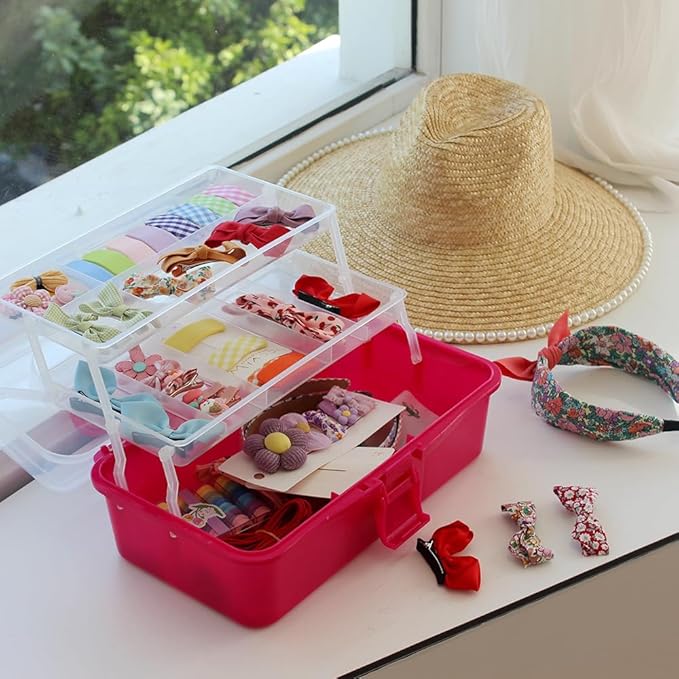 BangQiao 2-Tier Trays Clear Rose Red Plastic Storage Container Organizer Box, Multipurpose Portable Carrying Case with Latch Lock and Handle for Art, Craft, Sewing Supplies, First Aid, Makeup