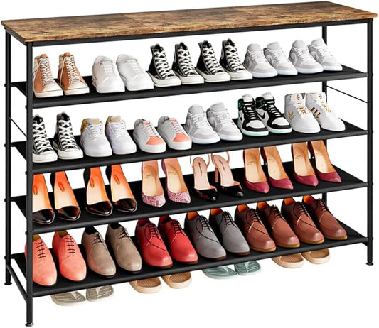 Shoe Rack Organizer 5 Tier Long Metal Organizer Shelf with Industrial MDF Board and Layer Fabric for Entryway Closet Bedroom Living Room Garage,Black & Rustic Brown-NeatNest