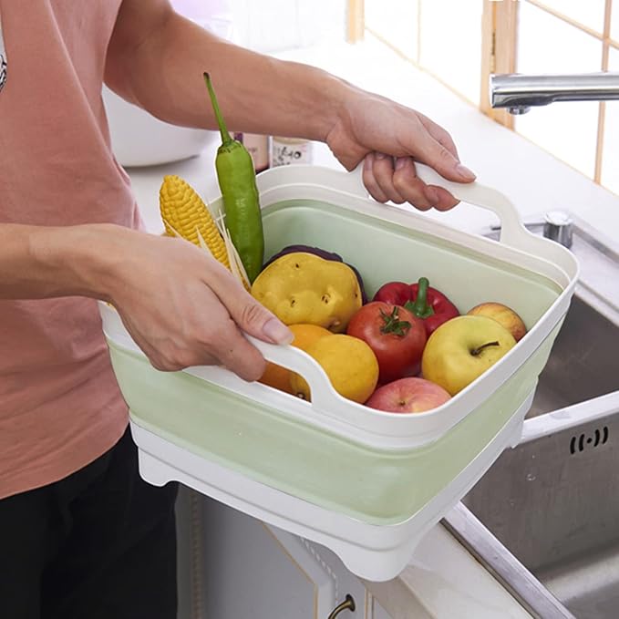 2.4 Gal(9L) Collapsible Dish Basin with Drain Plug, Space Saving Outdoor Multiuse Foldable Sink Tub, Dishpan, Kitchen Storage Tray for Camping, Vegetable Washing, RV (Green)-NeatNest
