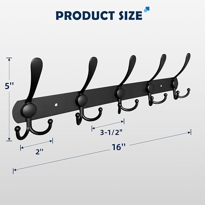 2 Pack 5 Tri-Hooks Coat Rack Wall Mounted - Thickened 304 Stainless Steel Coat Hooks, 16 Inches Heavy Duty Coat Rack Wall Mount, Anti-Sliding Towel Hooks, Holding up to 44 lbs, Matte Black