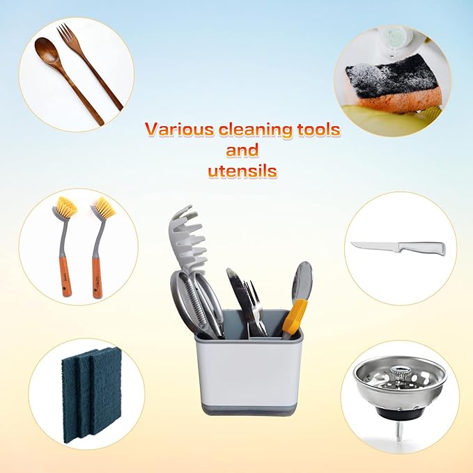 Kitchen Dish Brush Holder, Utensil Drying Caddy, Scrubber/Bottle Brush/Sponge Holder, Kitchen Sink Counter Organizer with Removable Drain Tray, Plastic (Gray and White)-NeatNest