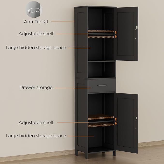 Homhedy 67" H Tall Bathroom Storage Cabinet with 2 Barn Doors and 1 Drawer, Storage Cabinet, Adjustable Shelves, Floor Cabinet for Bathroom, Living Room, Entryway, Kitchen, Black, (15.7" W)