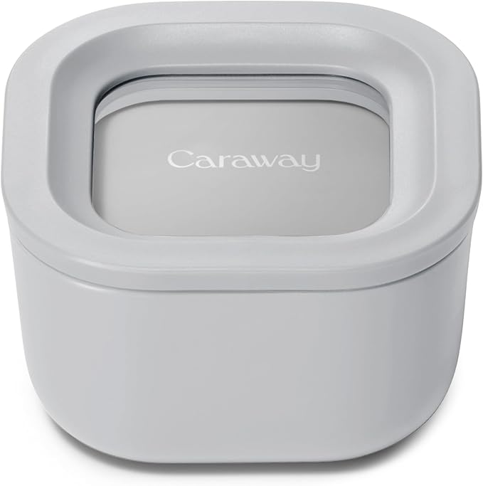 Caraway Mini Square Food Storage Container - 1.75 Cup Glass Storage Container for Food - Non-Toxic Ceramic-Coated Glass - Air Release Technology - Compact & Stackable Design - Gray-NeatNest