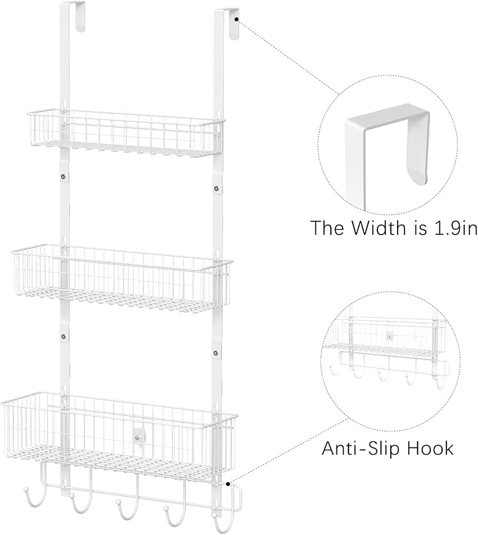 CADUKE Over The Door Organizer Hanger with Basket Hanger Door Towel Rack with 5 Hooks Back of Door Storage Organizer Behind Door Hooks Hanger Shelf for Bathroom, Kitchen, Office, White-NeatNest