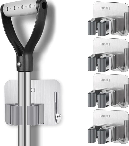 HYRIXDIRECT Broom Holder Self Adhesive No Drill Wall Mount Mop Broom Organizer with Hook Heavy Duty Stainless Steel Garden Tool Organizer Garage Storage and Organization Hanger (Silver + Grey)