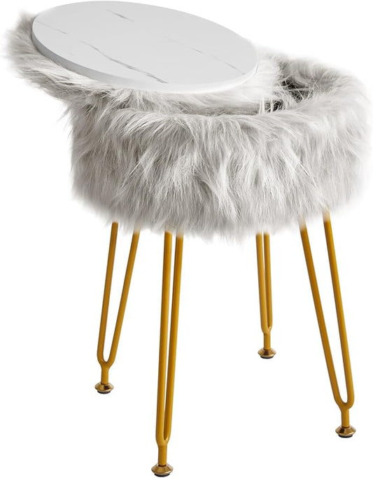 IBUYKE Round Faux Fur Vanity Stool with Storage, Furry Makeup Chair Ottoman, Soft Padded Seat, Round Footrest Footstools with 4 Metal Legs, for Living Room Bedroom Entryway, Gray WBD021G