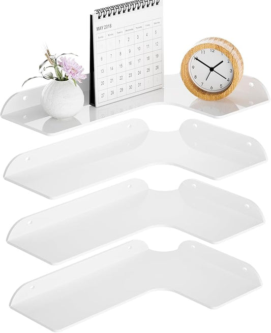 8x11.8 Inch Corner Shelf Wall Mount Set of 4, White Acrylic Corner Floating Shelves, Wall Organizer Shelf for Bathroom, Kitchen, Bedroom, Living Room, Dining Room, Office