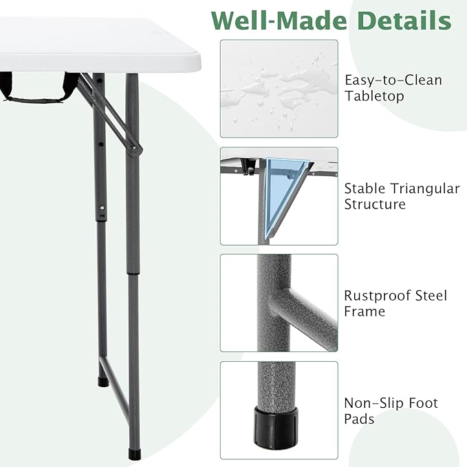 GYMAX Folding Table, 4FT Portable Plastic Picnic Table with 3 Adjustable Height & Handle, Fold-in-Half 330LBS Heavy Duty Foldable Table for Indoor Outdoor Party, Wedding, Camping, Dining-NeatNest