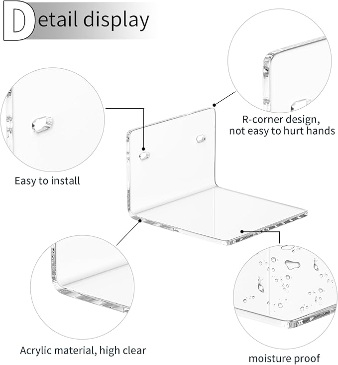 4 Inches Clear Small Wall Shelves, 4mm Thickness Acrylic Small Floating Shelf for Figures, Plants, Security Cameras, Speakers, Moisture-Proof, 2 Pack-NeatNest