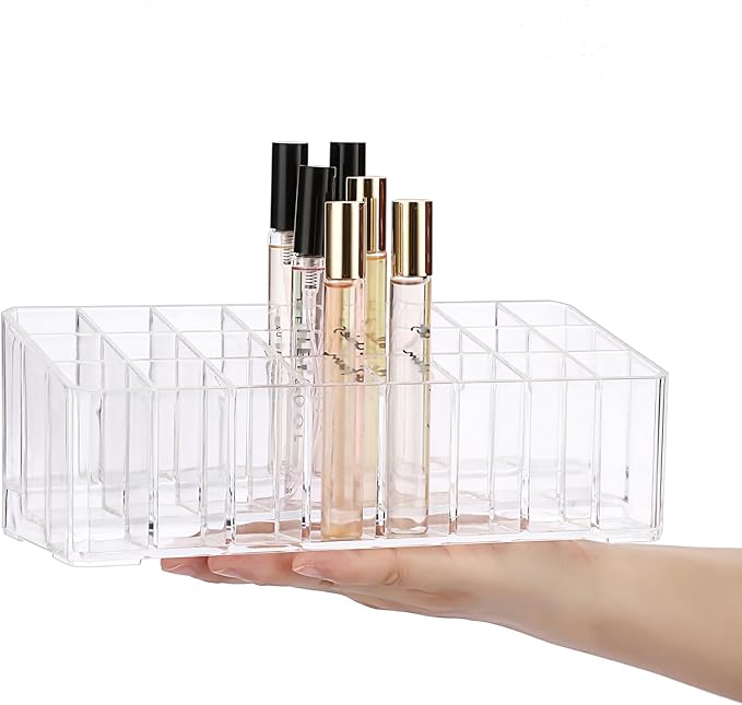 ELLDOO Rollerball Perfume Organizer, 24 Spaces Clear Acrylic Perfume Storage Holder Beauty Scent Holder, Makeup Lipgloss Lipstick Display Case-NeatNest