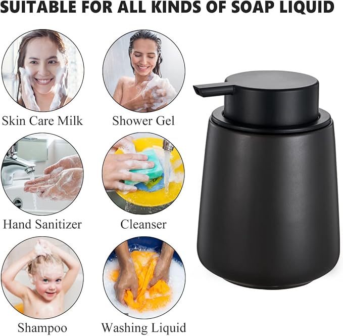 12Oz Black Foaming Soap Dispenser - Ceramic Foam Hand Soap Dispenser Set with Easy-to-Press Pump, Refillable Liquid Dish Soap Dispensers for Bathroom and Kitchen, 2 Pack-NeatNest