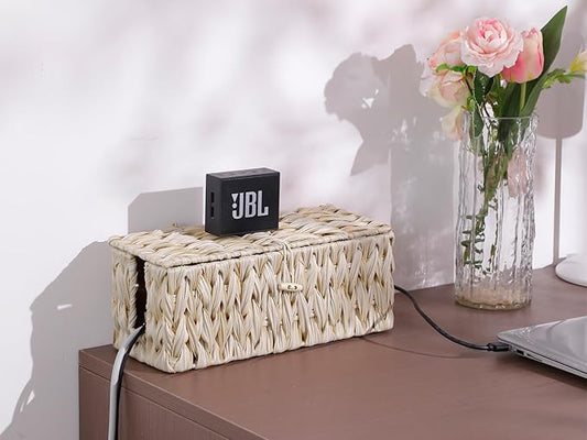 Cable Management Box,Boho Decorative Handwoven 2 Open Slots Cord Organizer Hider Box with Lid for TV Wires, Computer, Router, USB Hub and Under Desk Power Strip-NeatNest