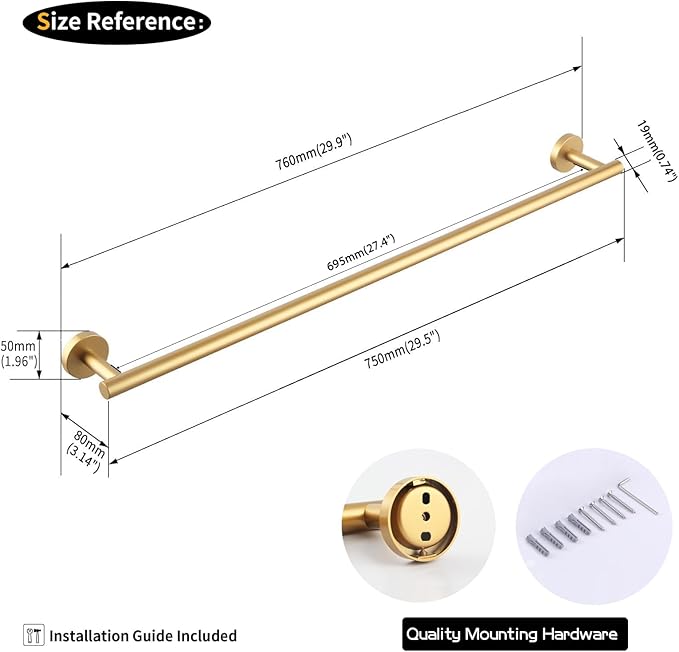 GERZWY Gold Towel Bar 30-Inch Stainless Steel Bathroom Towel Rail Wall Mounted Hand Towel Holder AG1101C75-BE