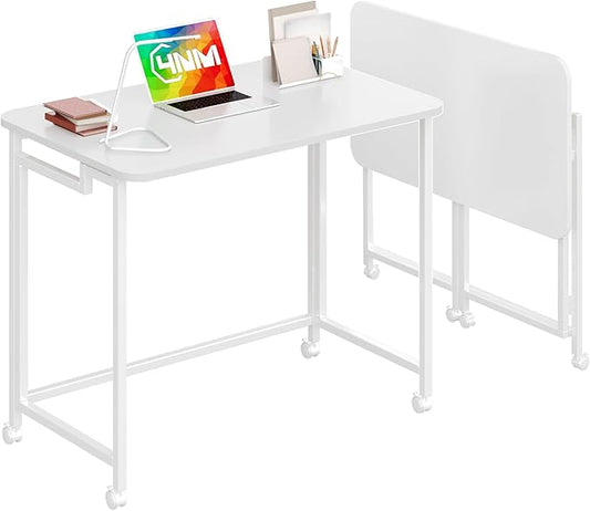 4NM 31.5" Mobile Small Rolling Computer Desk, Folding Laptop Cart Table with Wheels, Portable Office Desk for Small Space Couch Bed - All White