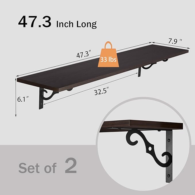 DINZI LVJ Long Wall Shelves, 47.3 Inch Large Floating Shelves Set of 2, Wide Display Shelf Wall Mounted with Brackets, Easy Hanging for Living Room, Toilet, Office, Bedroom, Espresso-NeatNest