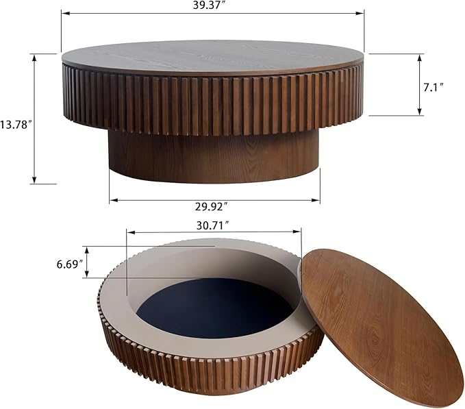 39'' Round Coffee Table with Storage Living Room Modern Wood Coffee Table with Pedestal Circle Center Tables Fluted Accent Tea Table for Apartment, Walnut