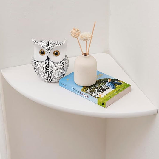 Corner Shelf, White Solid Oak Wood Floating Corner Shelves Wall Mount Round End Floating Speaker Rack Display Shelf for Small Plant Photo Frame (White, 12in)-NeatNest