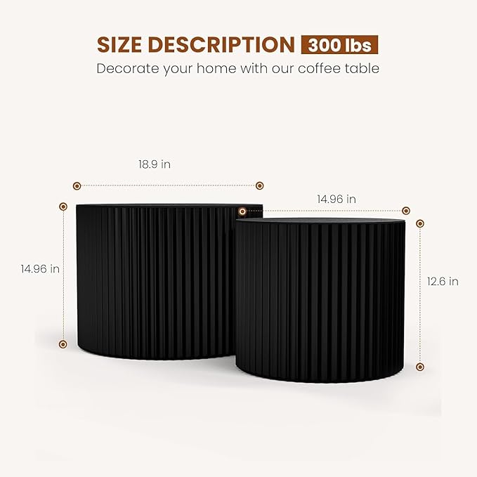 Round Nesting Coffee Table Set of 2 Circle Nested Coffee Tables Modern Fluted Coffee Table Set of 2 Wooden Drum End Side Tables for Living Room Bedroom Small Spaces (Black Small)