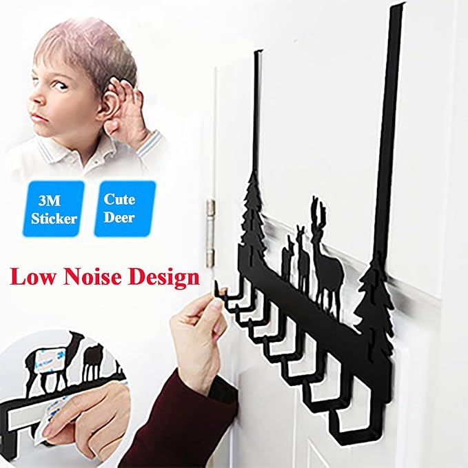 Over The Door Hook Easy Installation Organizer Coat Hooks Wall Mounted Metal Towel Hook Rack Animal Deer Hanger for Bathrooms Door Hanging Dual Mounted Key Hooks 8-Hooks,Black