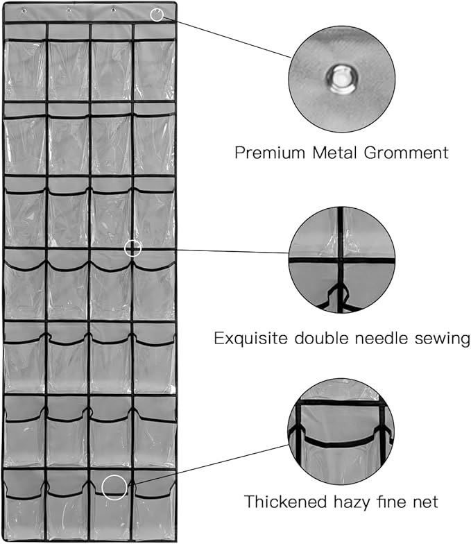 28 Large 1 Pack Transparent Pockets Over The Door Shoe Organizer Sturdy Hanging Shoe Rack for Door Closet Sneakers or Accessories, 4 hooks（Grey&Black）-NeatNest